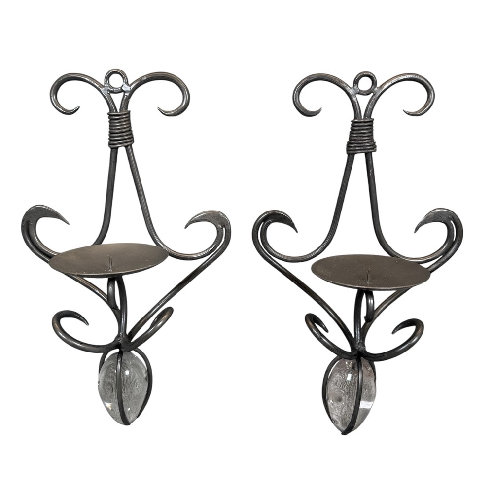 2 Antique Hand Forged Iron Wall Sconces Candle Holders 14"Crystal Accent Gothic